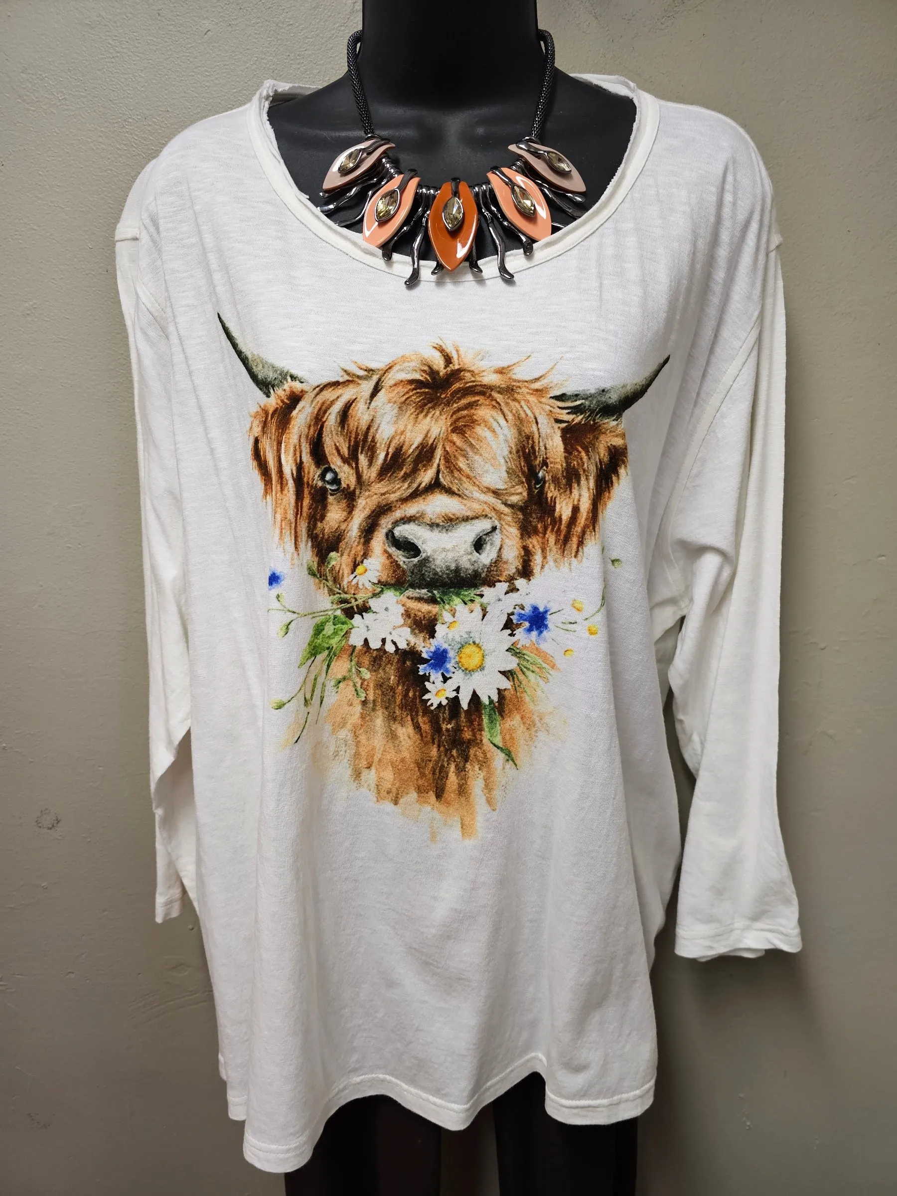 Highland Cow Graphic Prints - One Size Casual Top with 3/4 Sleeves