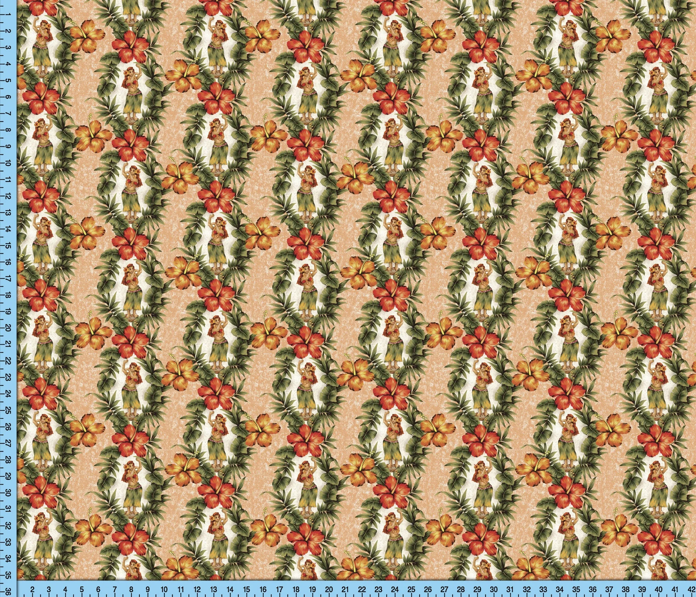Hula Girl Hibiscus Flower Fabric, Tan Tropical Hawaiian Shirt Floral Fabric Pattern By the Yard