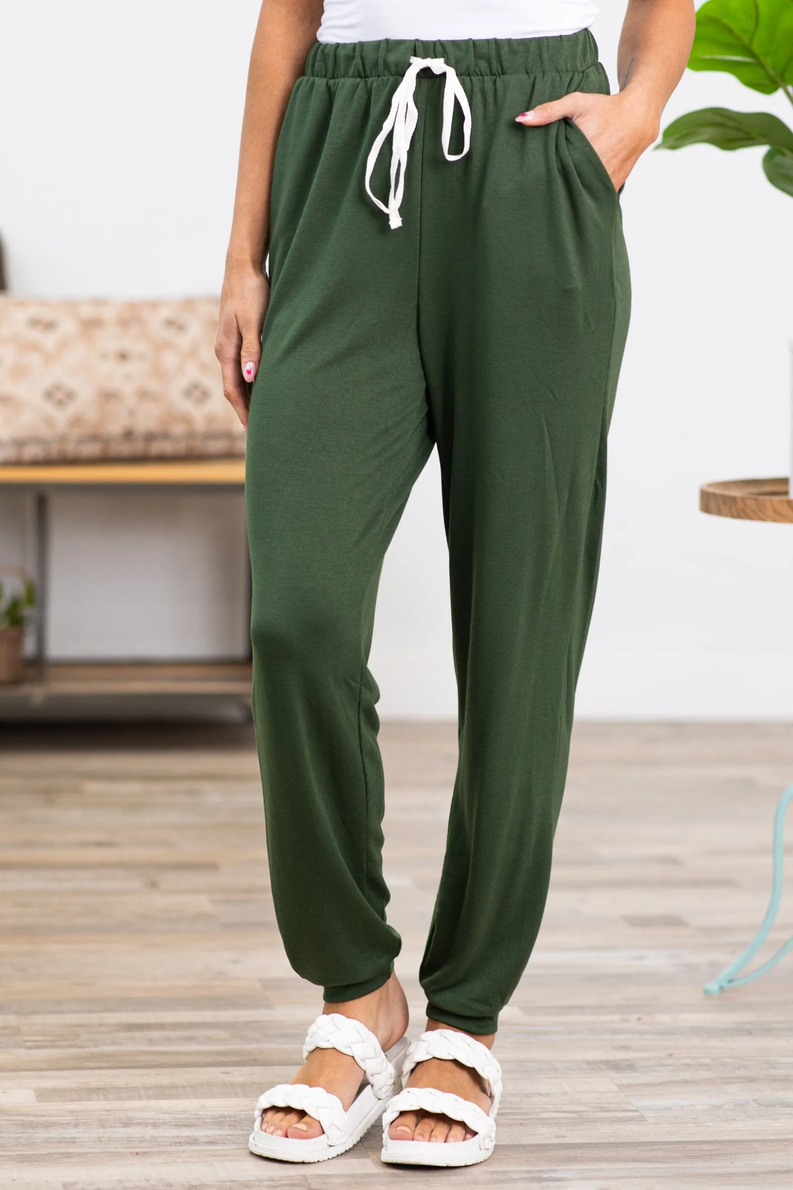 Hunter Green Drawstring Waist Knit Joggers