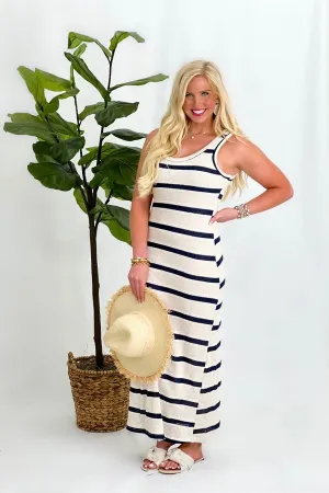 Ivory and Navy Stripe Sleeveless Maxi Dress