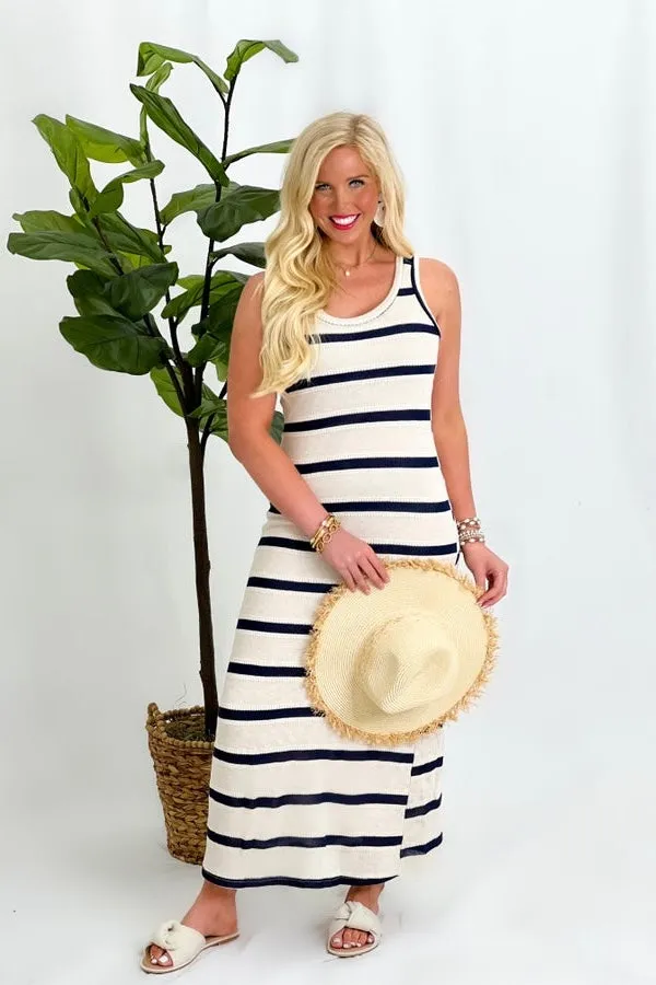 Ivory and Navy Stripe Sleeveless Maxi Dress