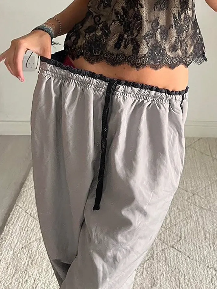 JazzHer Contrast Drawstring Loose Straight-Leg Pants
