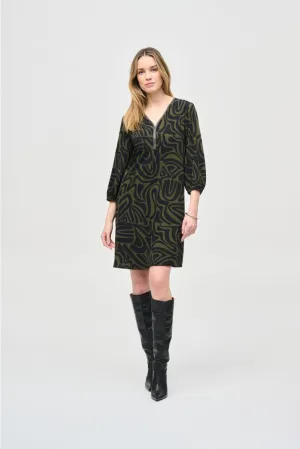 Joseph Ribkoff Black/Green Abstract Print Puff Sleeve Shift Dress 243154