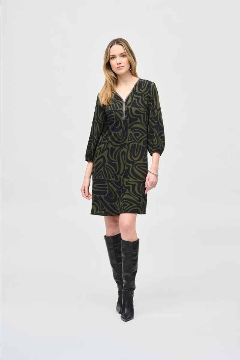 Joseph Ribkoff Black/Green Abstract Print Puff Sleeve Shift Dress 243154