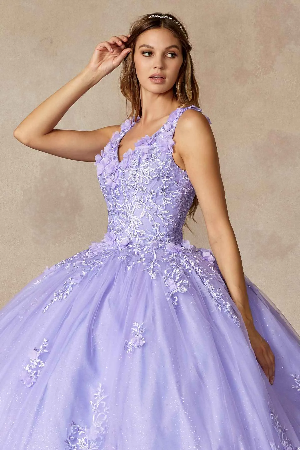 Juliet 1437 Floral Applique Quinceanera Ball Gown With 3D Flowers