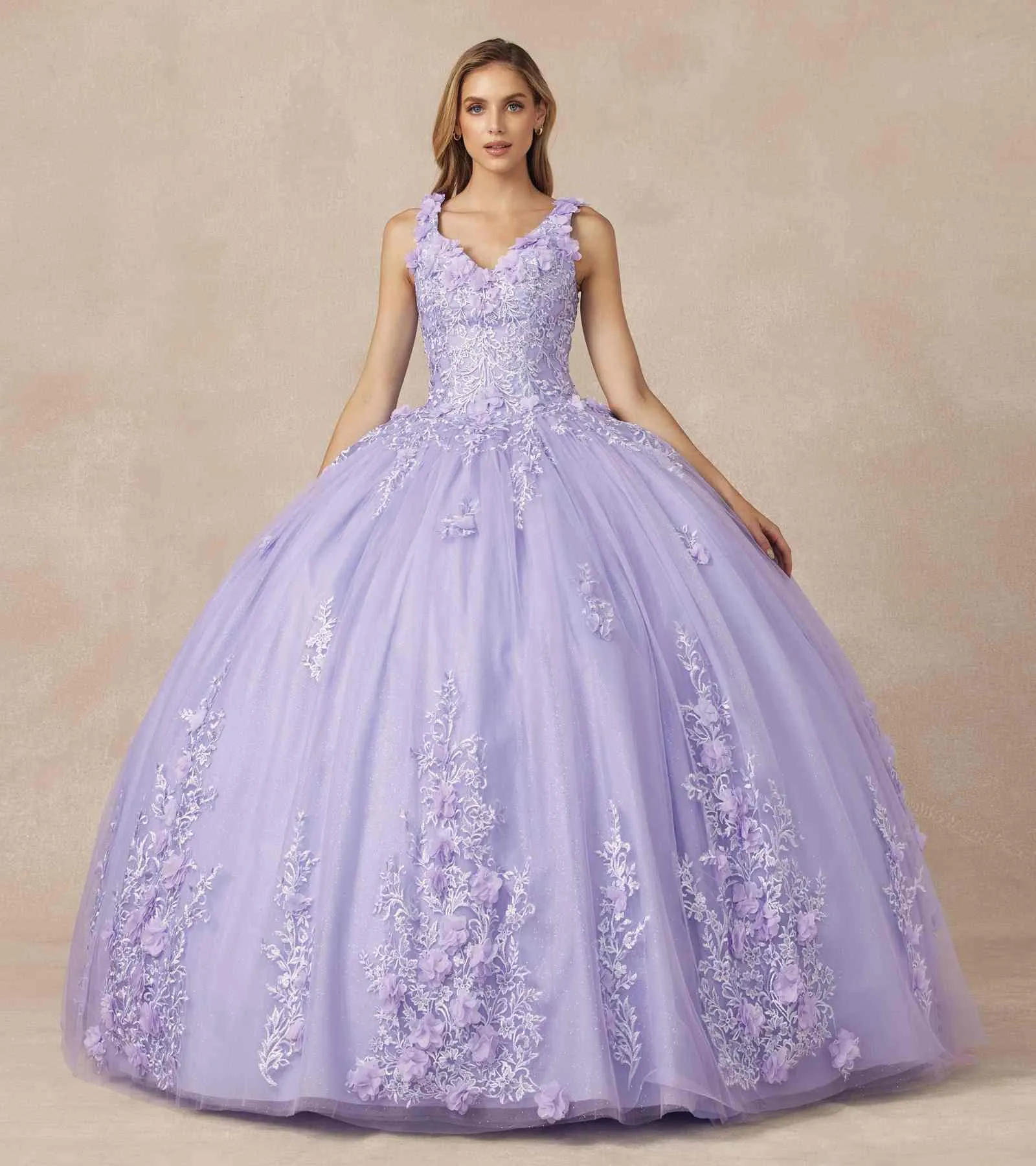 Juliet 1437 Floral Applique Quinceanera Ball Gown With 3D Flowers
