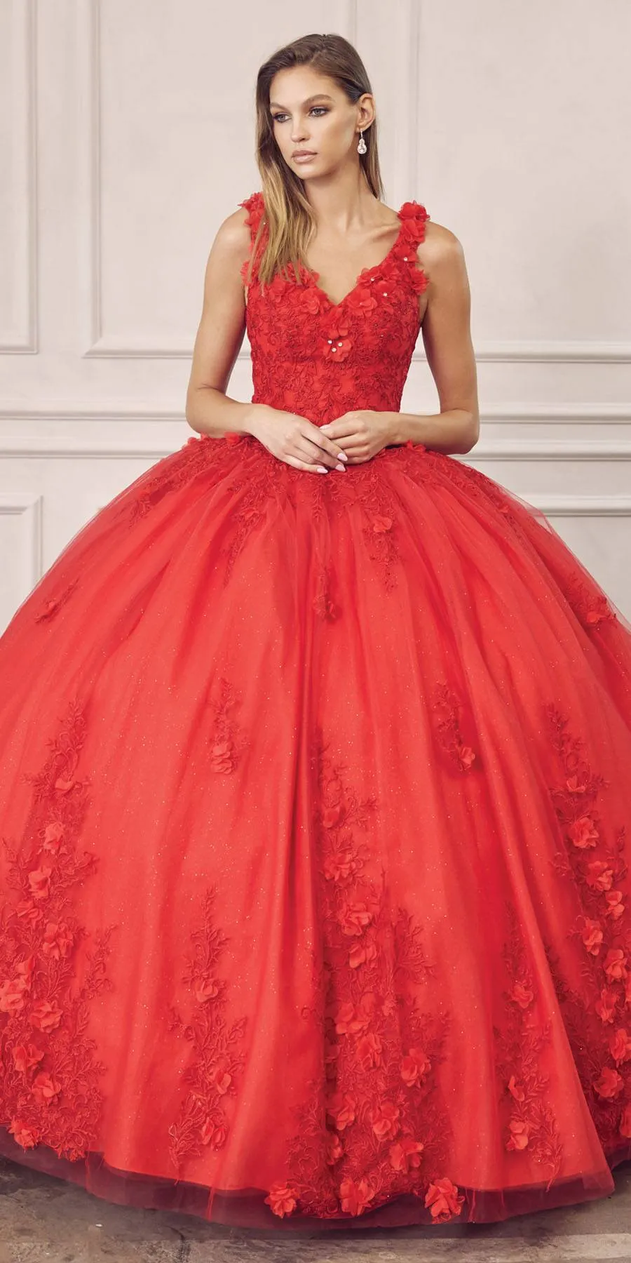 Juliet 1437 Floral Applique Quinceanera Ball Gown With 3D Flowers