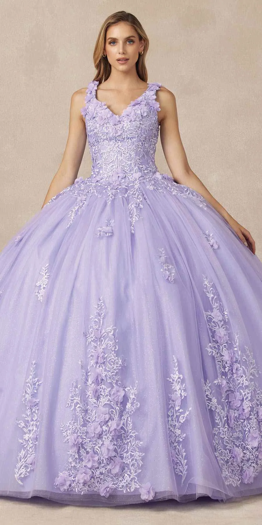 Juliet 1437 Floral Applique Quinceanera Ball Gown With 3D Flowers