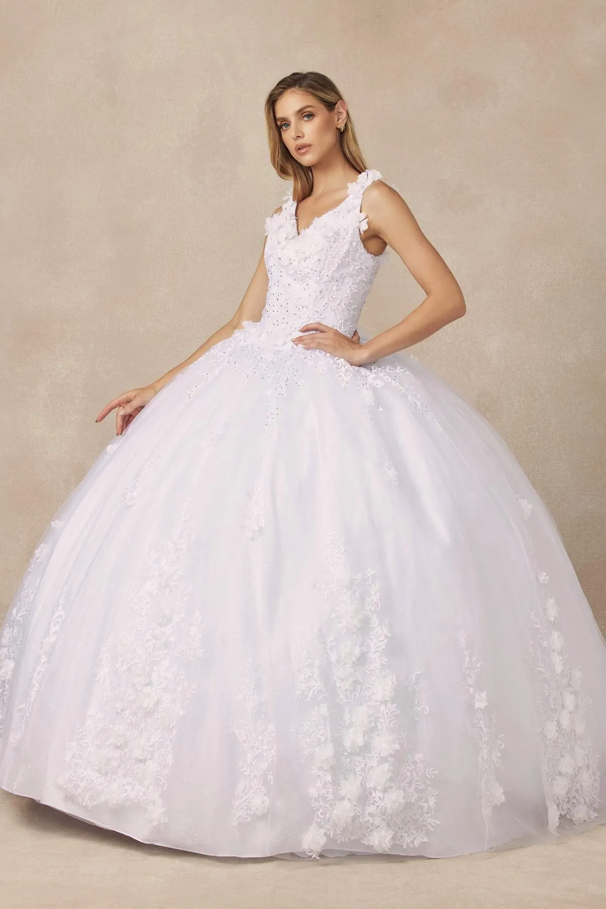 Juliet 1437 Floral Applique Quinceanera Ball Gown With 3D Flowers