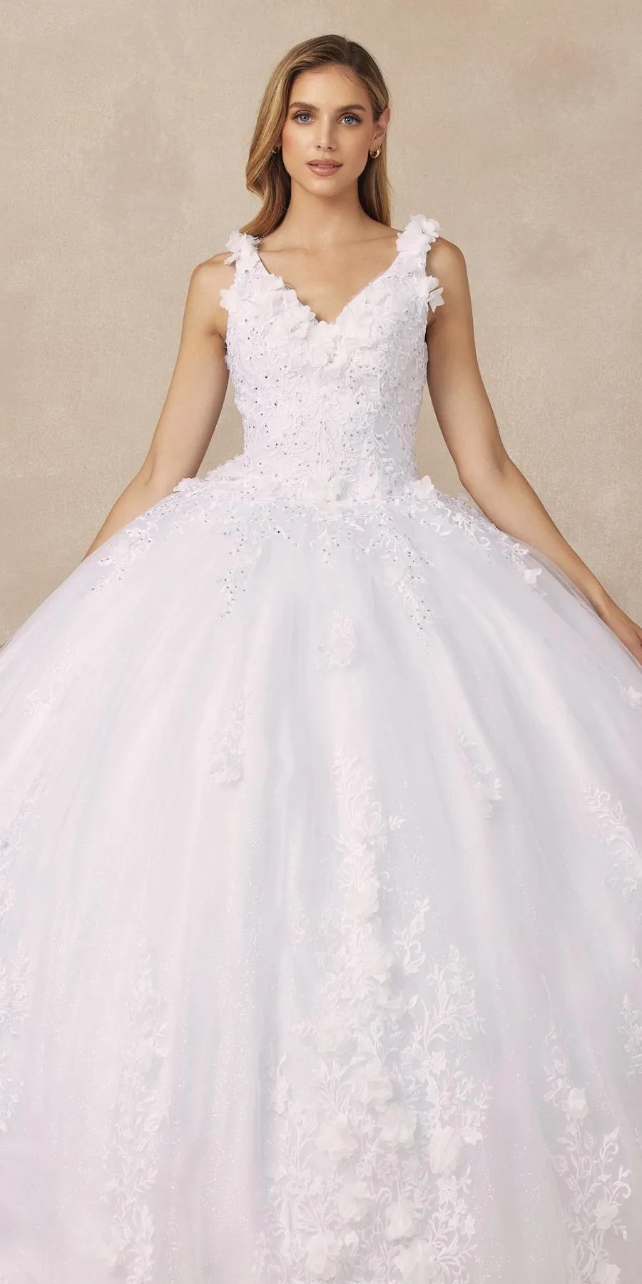 Juliet 1437 Floral Applique Quinceanera Ball Gown With 3D Flowers