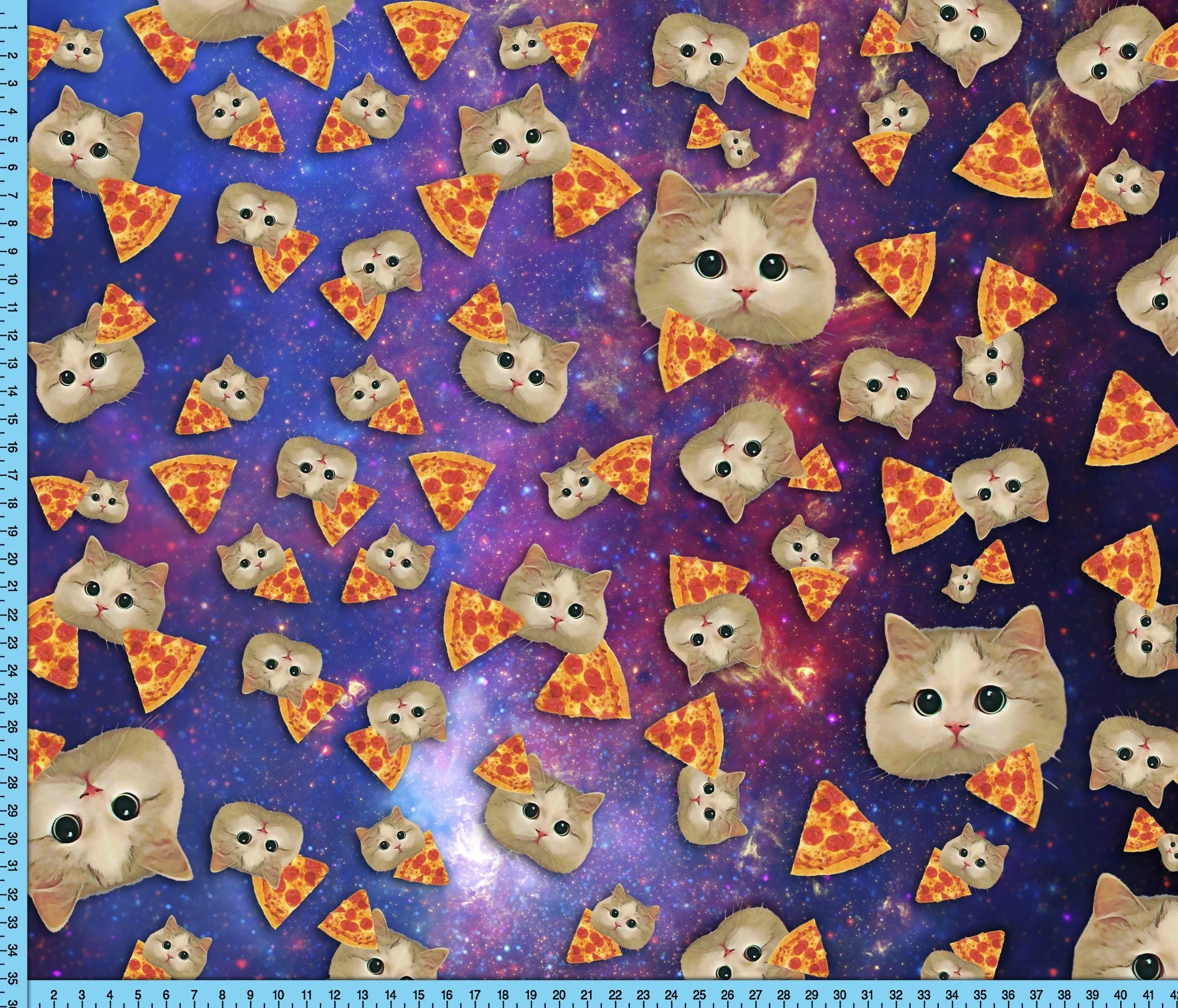 Kittens and Pizza in Space Fabric Printed By the Yard. Broadcloth, Poplin, Gabardine, Liverpool, Clothing and Craft Projects