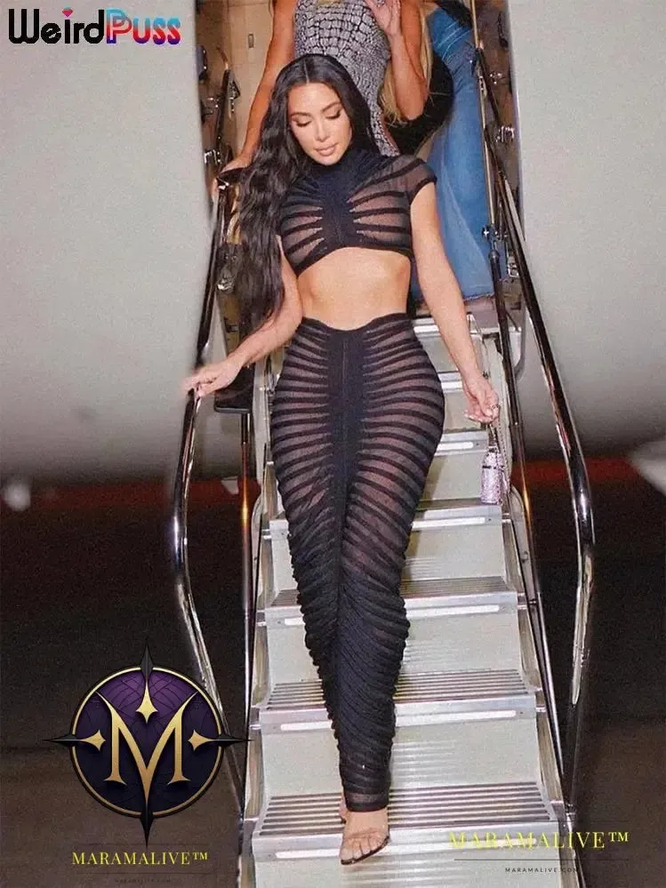 Knit Women Tracksuit 2 Piece Set Striped Stretch See Through Shorts Sleeve Crop Tops Maxi Skirts Matching Streetwear