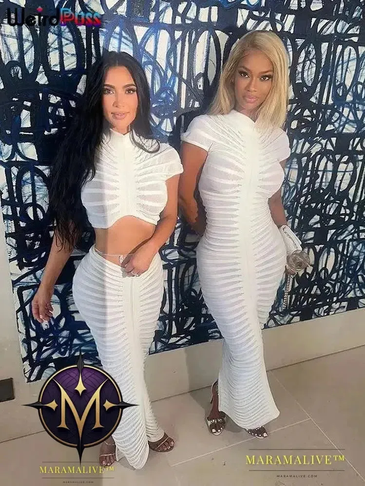 Knit Women Tracksuit 2 Piece Set Striped Stretch See Through Shorts Sleeve Crop Tops Maxi Skirts Matching Streetwear