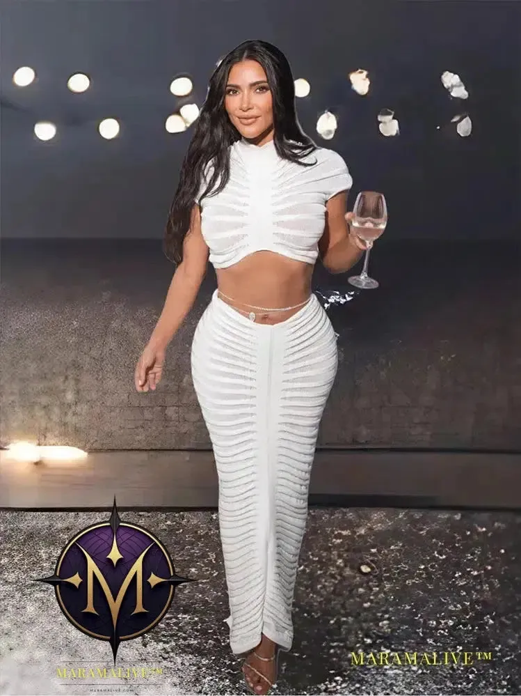 Knit Women Tracksuit 2 Piece Set Striped Stretch See Through Shorts Sleeve Crop Tops Maxi Skirts Matching Streetwear