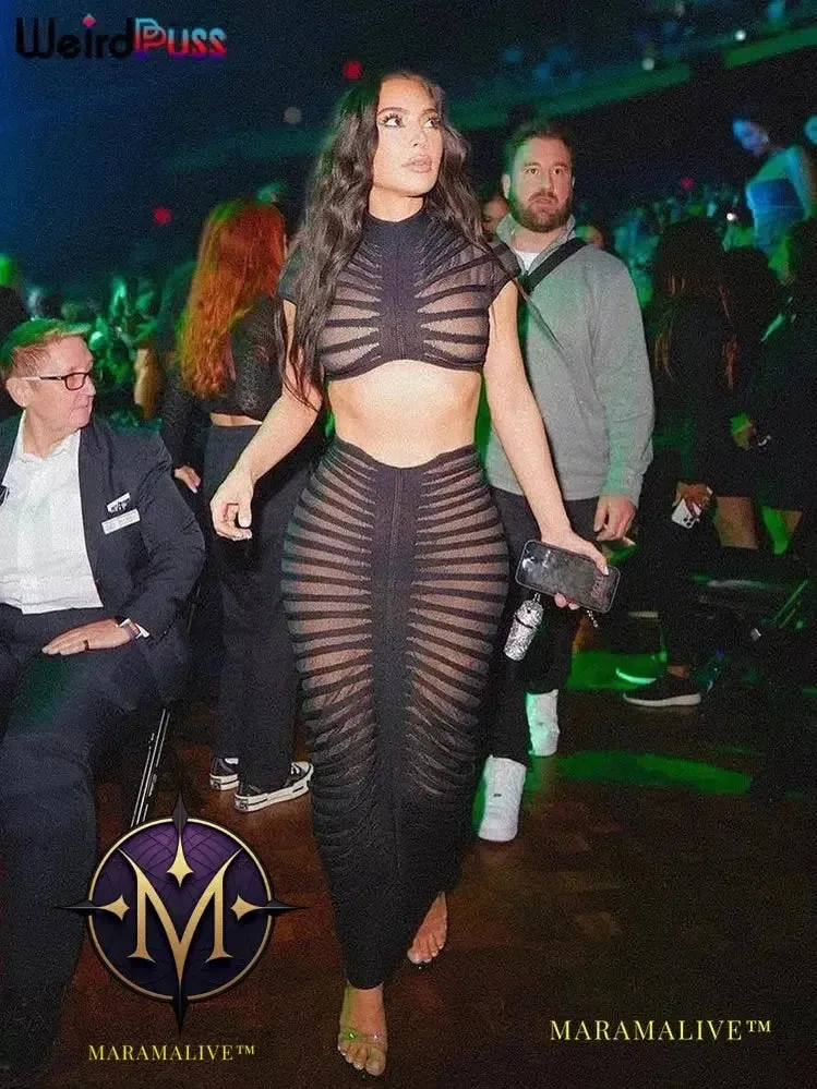 Knit Women Tracksuit 2 Piece Set Striped Stretch See Through Shorts Sleeve Crop Tops Maxi Skirts Matching Streetwear