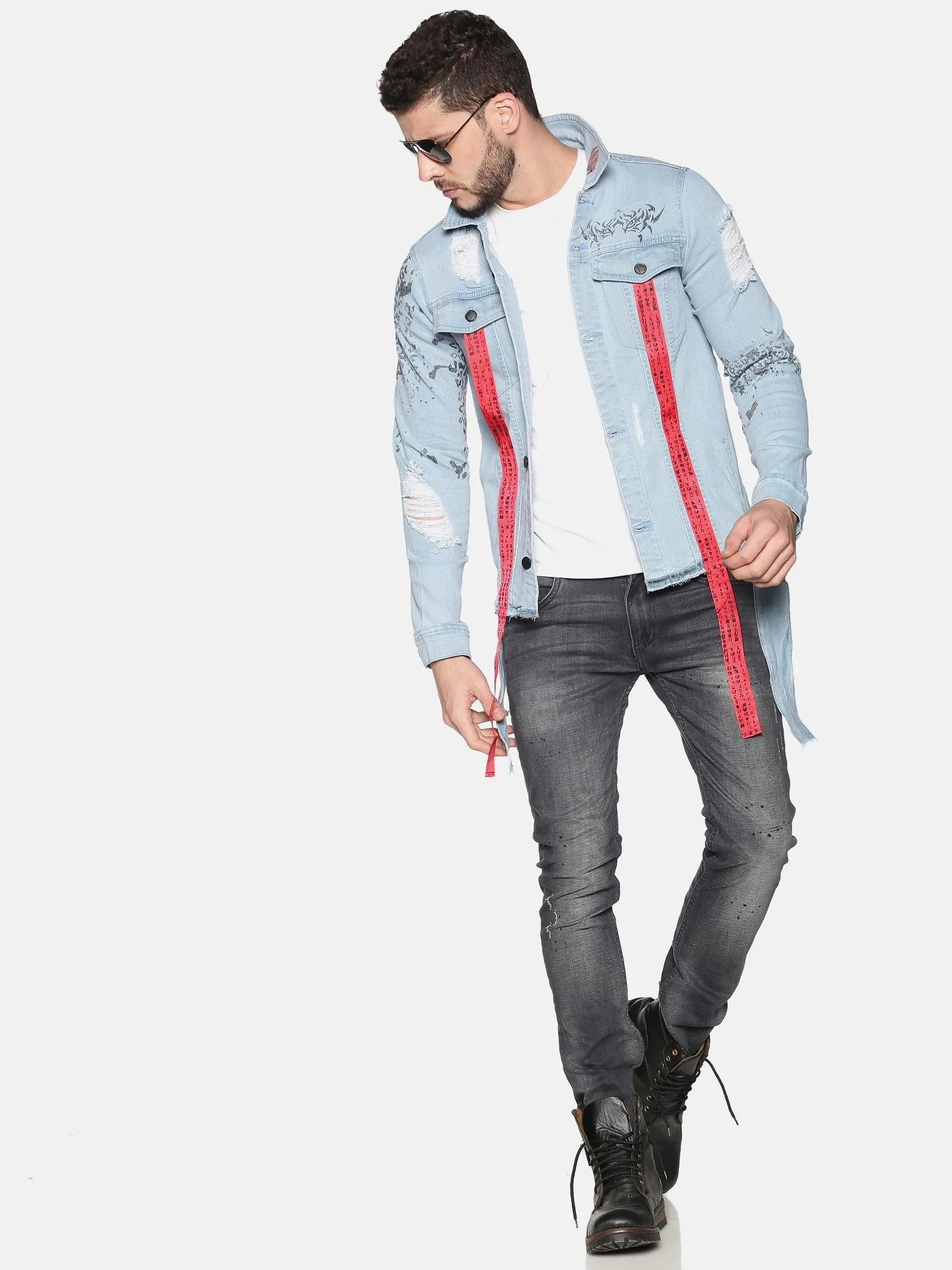Kultprit Men's Full Sleeves Denim Jackets With Back Print & Front Mid Printed Tape