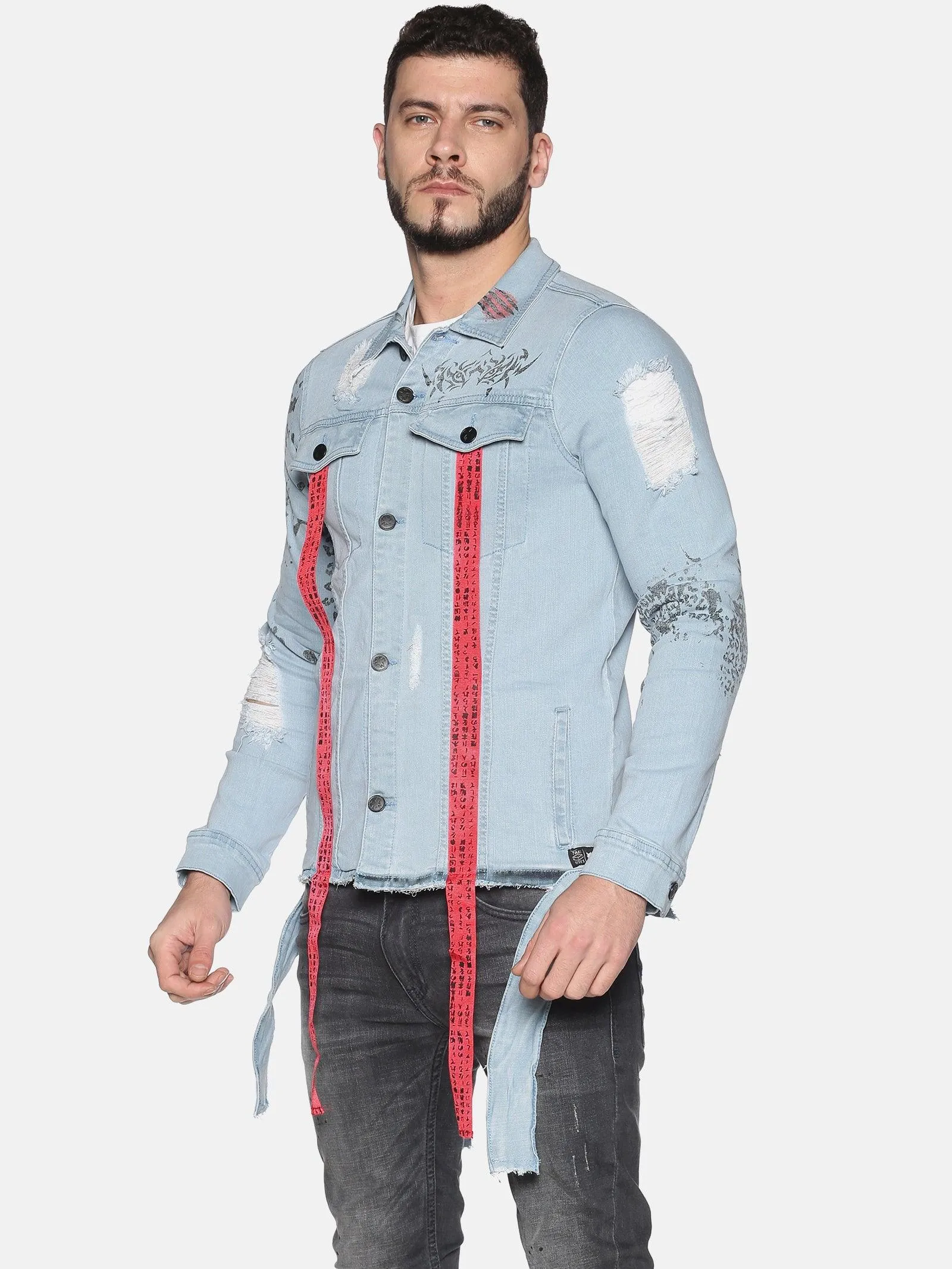 Kultprit Men's Full Sleeves Denim Jackets With Back Print & Front Mid Printed Tape