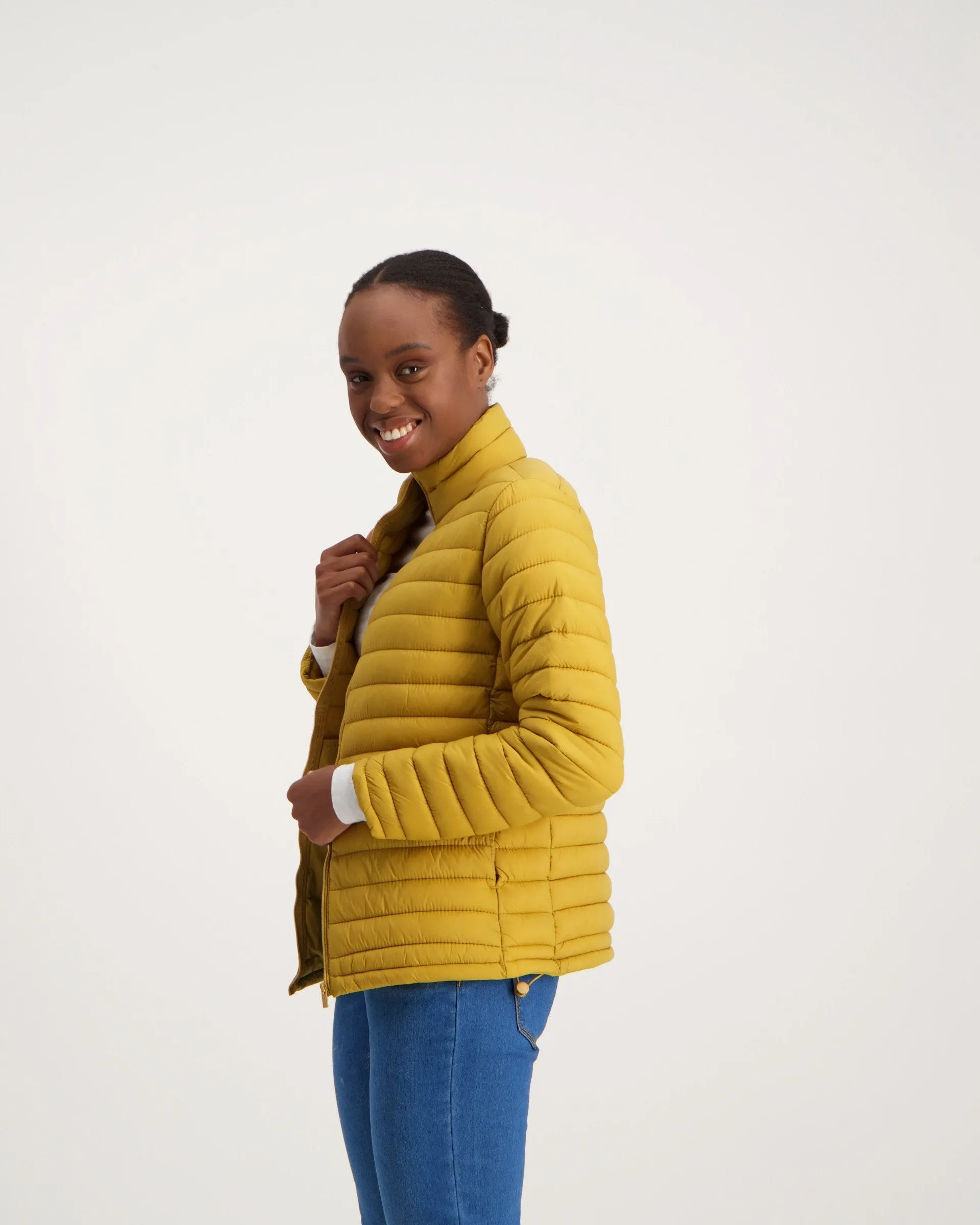 Ladies-Long Sleeve Feather Puffer - Mustard