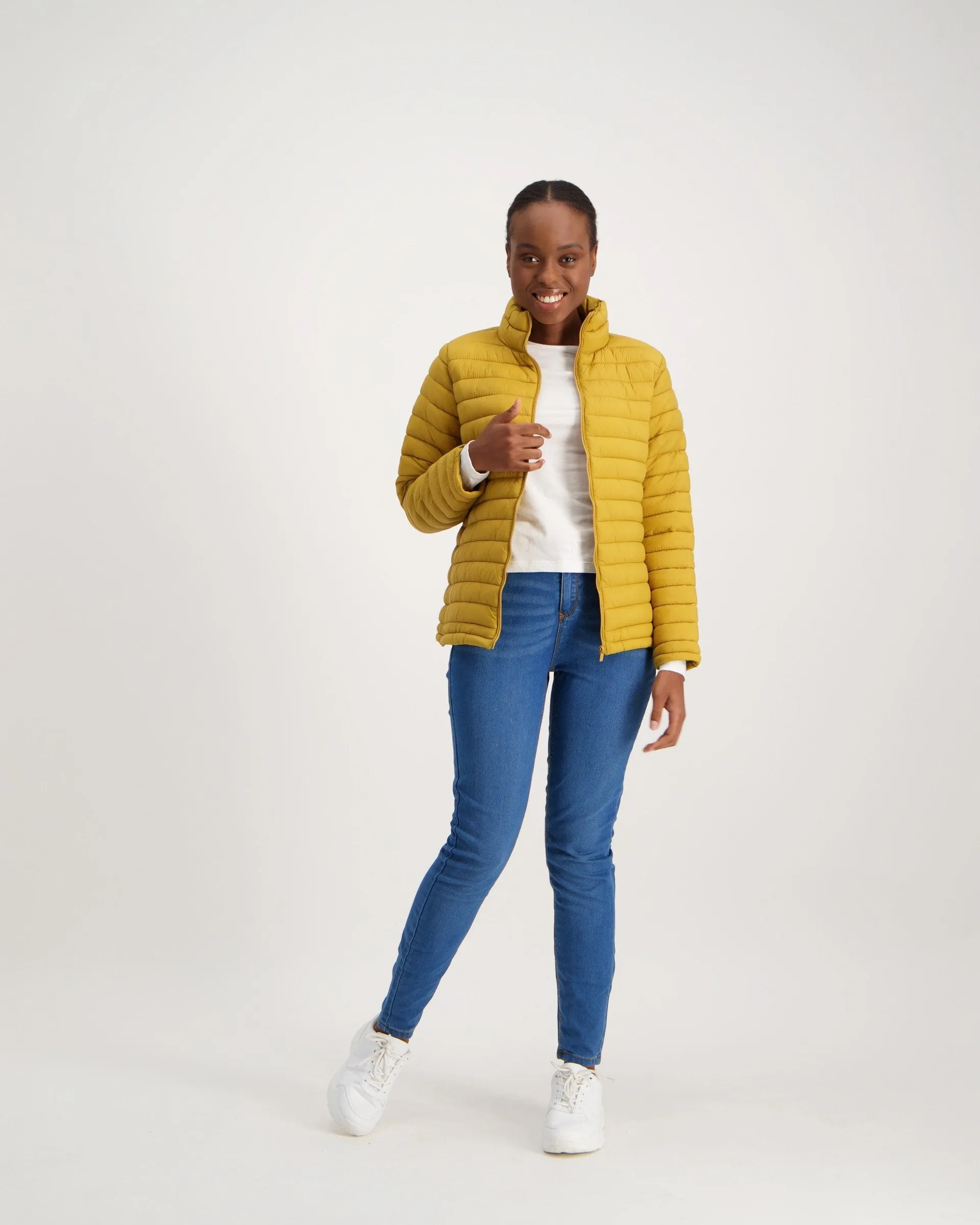 Ladies-Long Sleeve Feather Puffer - Mustard