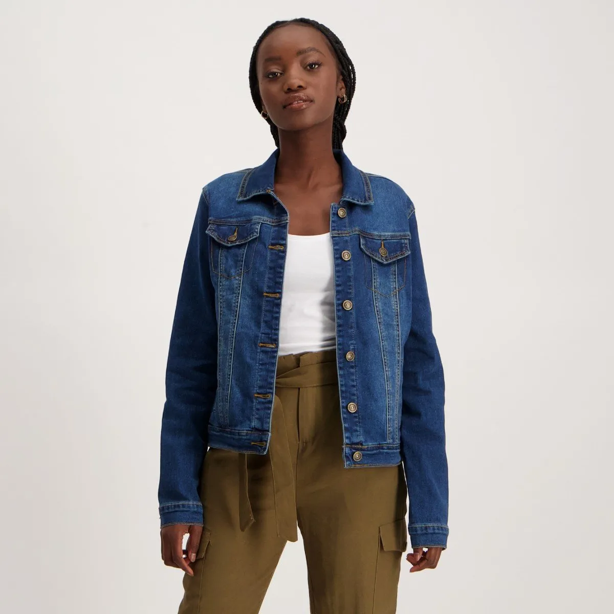 Ladies Mid Wash Dark Blue Denim Jacket