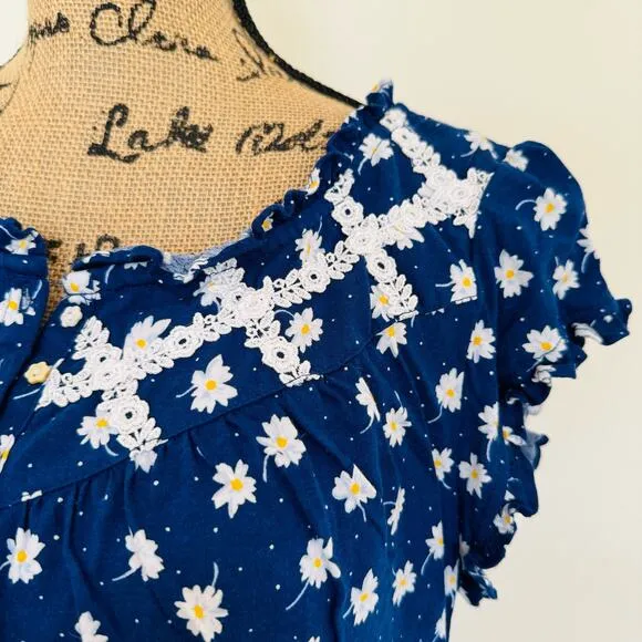 Lanz of Salzburg Daisy Delight Cotton Comfy Cheerful Blue Pajama Set Size Medium