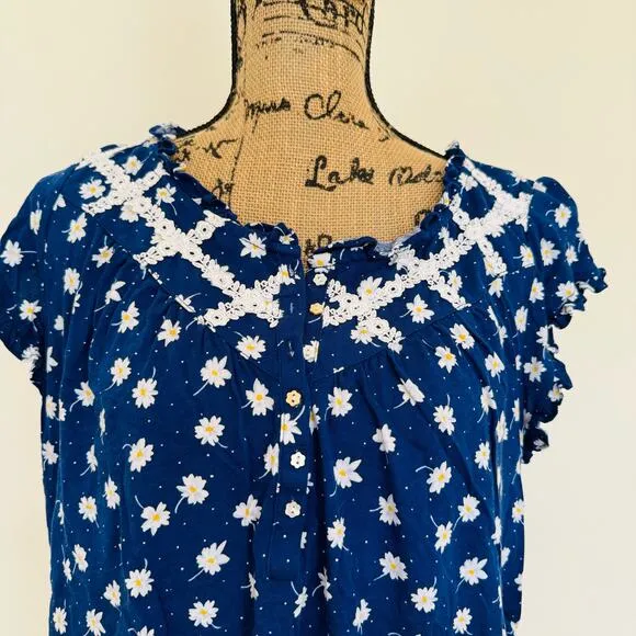 Lanz of Salzburg Daisy Delight Cotton Comfy Cheerful Blue Pajama Set Size Medium