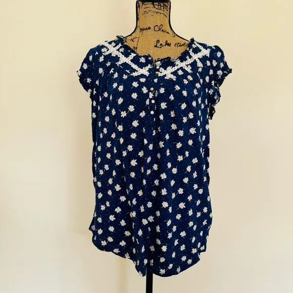 Lanz of Salzburg Daisy Delight Cotton Comfy Cheerful Blue Pajama Set Size Medium