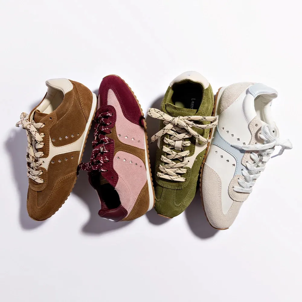 LARROUDE Stella Sneaker In Tulip, Russet and Wine Suede and Silver Metallic Leather