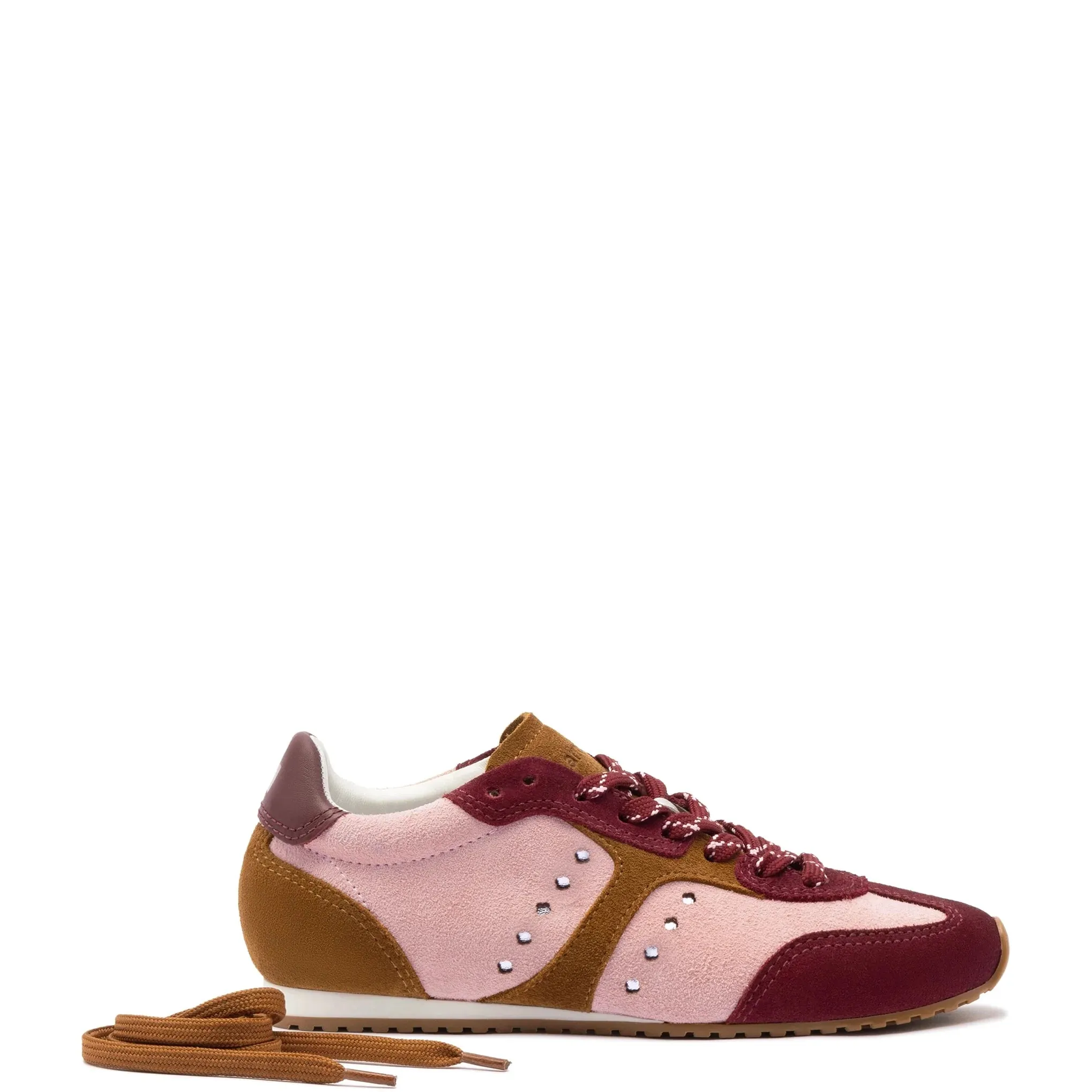 LARROUDE Stella Sneaker In Tulip, Russet and Wine Suede and Silver Metallic Leather