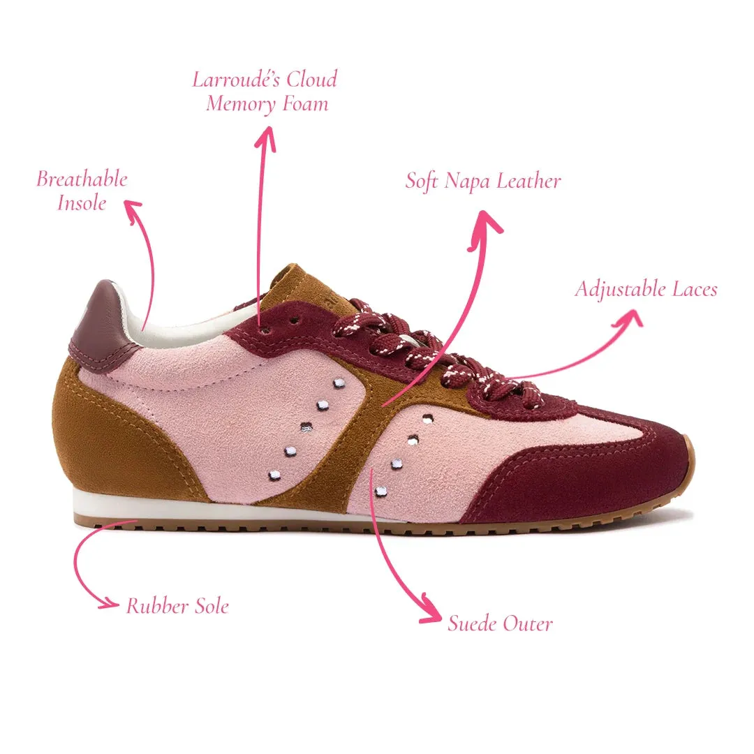 LARROUDE Stella Sneaker In Tulip, Russet and Wine Suede and Silver Metallic Leather