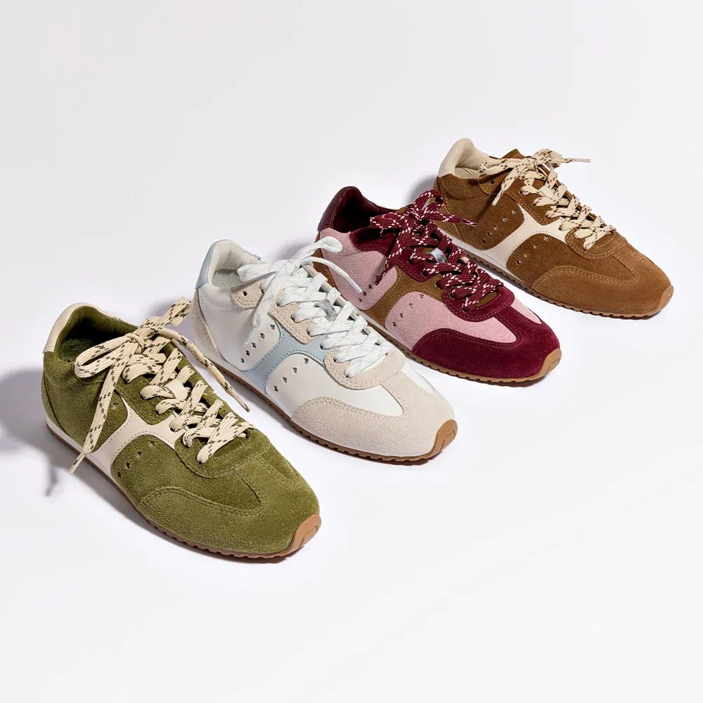 LARROUDE Stella Sneaker In Tulip, Russet and Wine Suede and Silver Metallic Leather