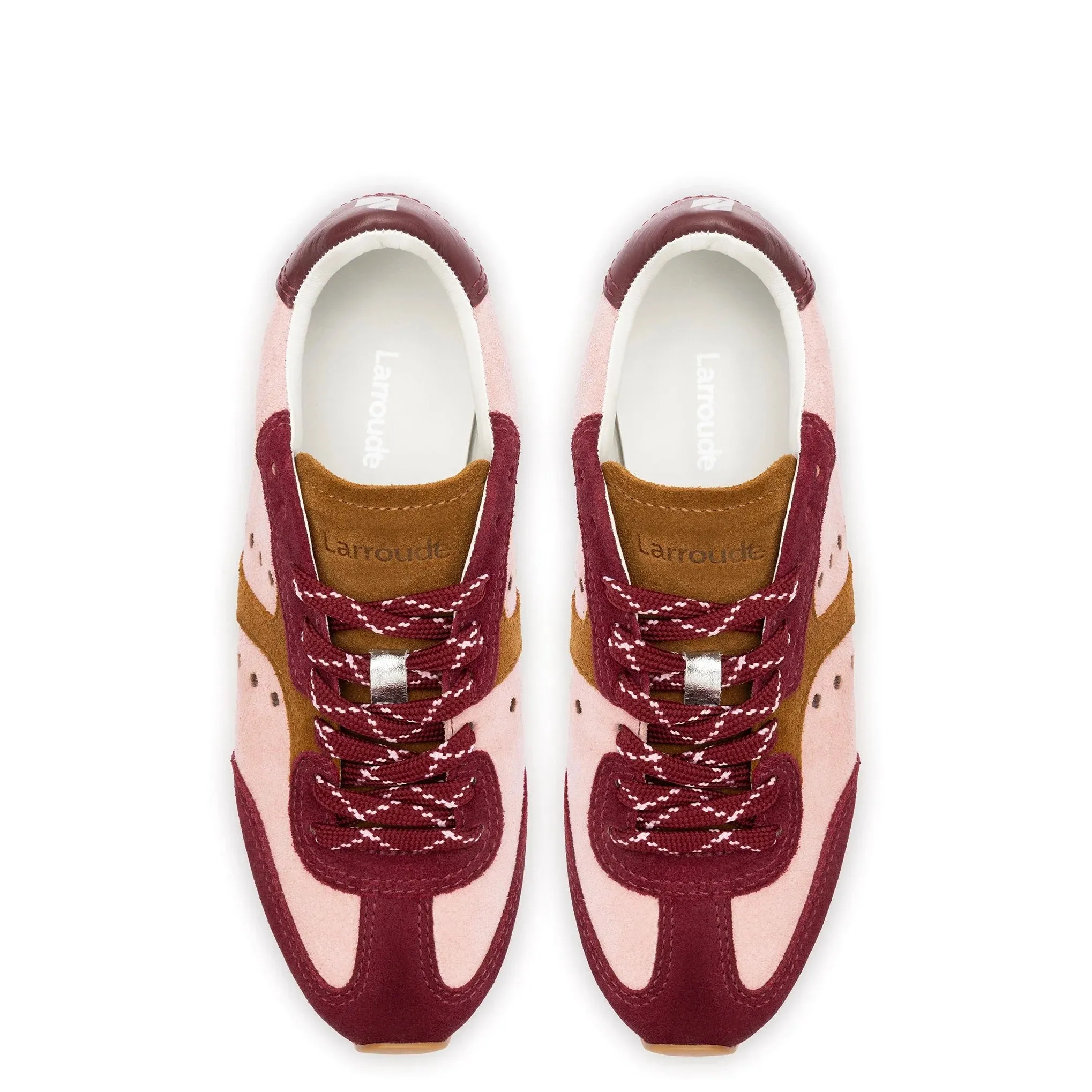 LARROUDE Stella Sneaker In Tulip, Russet and Wine Suede and Silver Metallic Leather