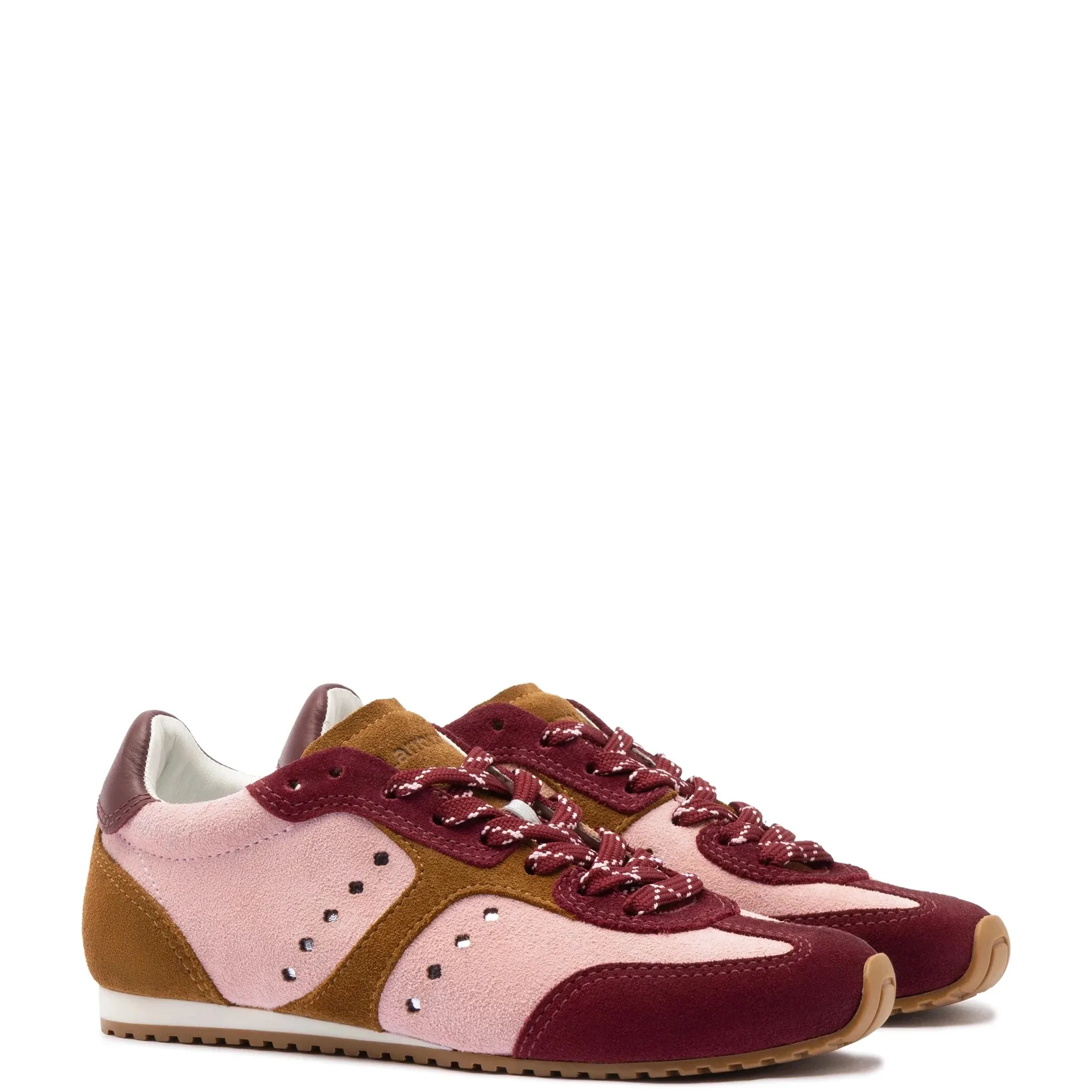 LARROUDE Stella Sneaker In Tulip, Russet and Wine Suede and Silver Metallic Leather