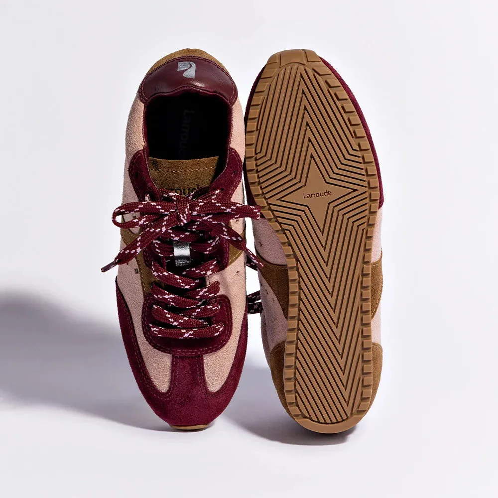 LARROUDE Stella Sneaker In Tulip, Russet and Wine Suede and Silver Metallic Leather