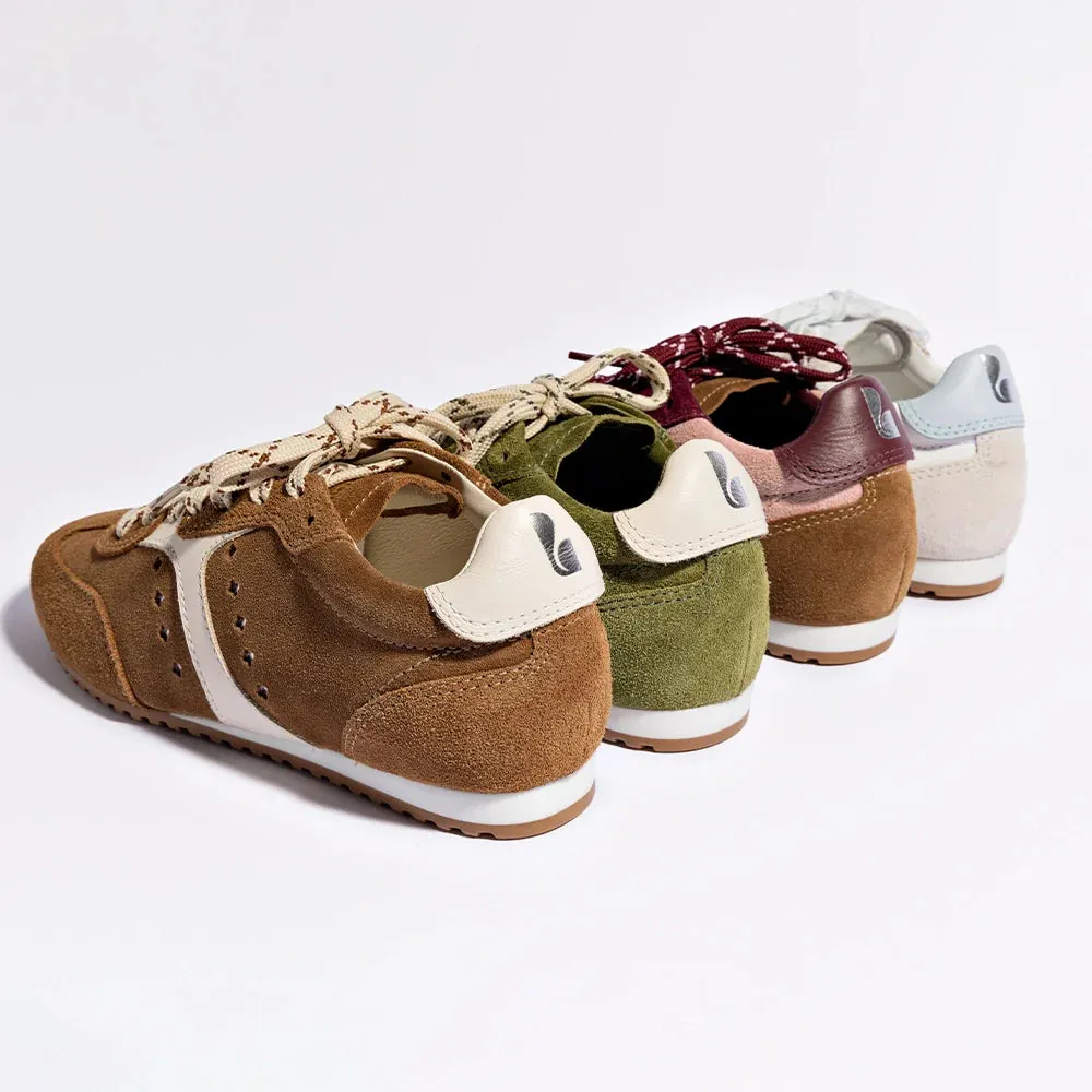 LARROUDE Stella Sneaker In Tulip, Russet and Wine Suede and Silver Metallic Leather