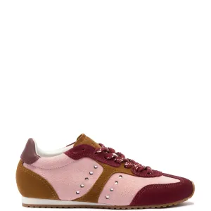LARROUDE Stella Sneaker In Tulip, Russet and Wine Suede and Silver Metallic Leather