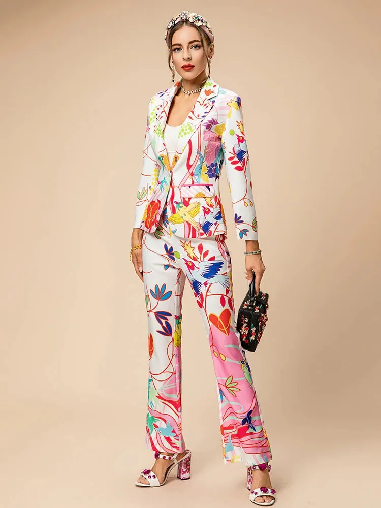 Laura Lapel Print Pockets Top Button Straight Trouser 2 Pieces Set