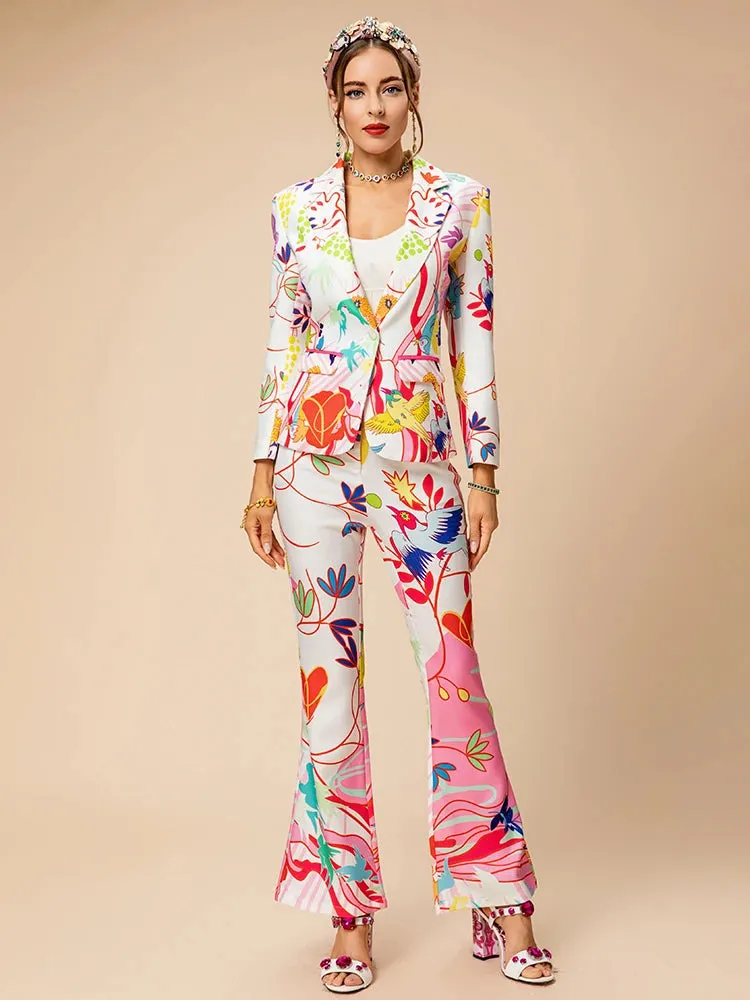 Laura Lapel Print Pockets Top Button Straight Trouser 2 Pieces Set
