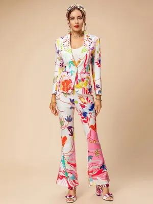 Laura Lapel Print Pockets Top Button Straight Trouser 2 Pieces Set