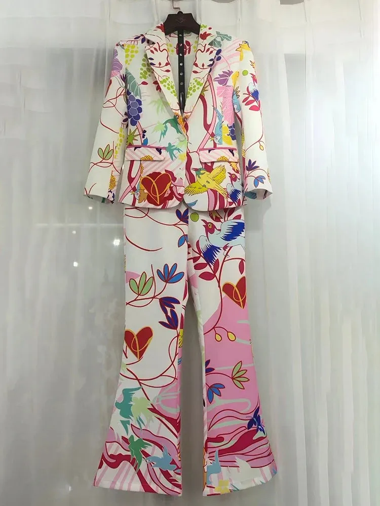 Laura Lapel Print Pockets Top Button Straight Trouser 2 Pieces Set