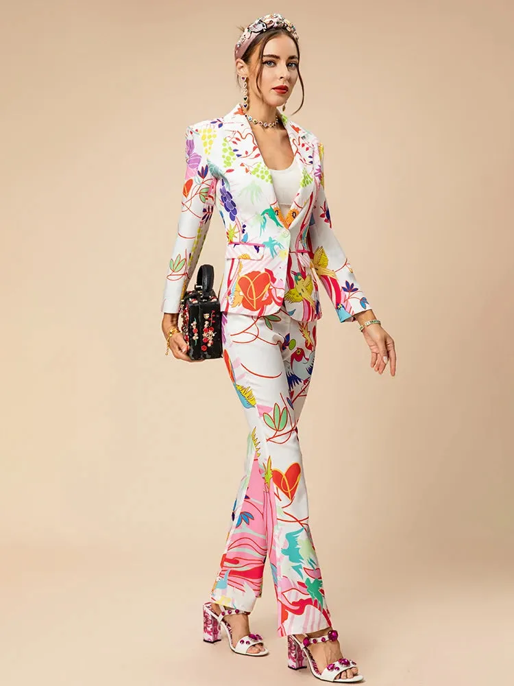 Laura Lapel Print Pockets Top Button Straight Trouser 2 Pieces Set