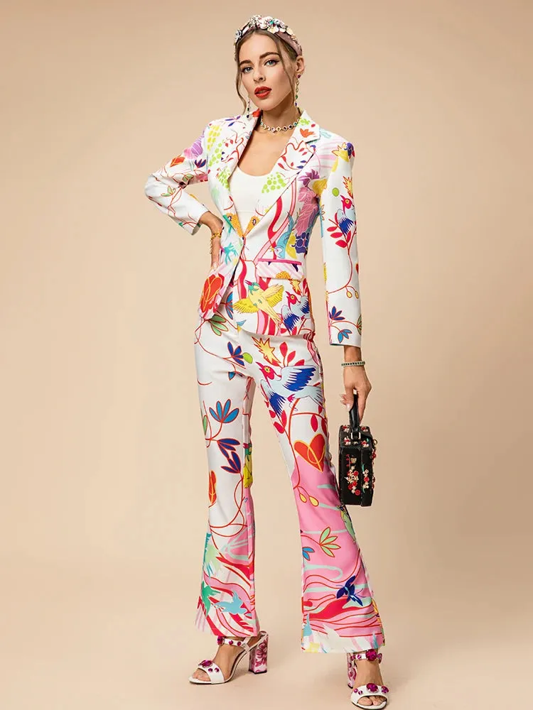 Laura Lapel Print Pockets Top Button Straight Trouser 2 Pieces Set