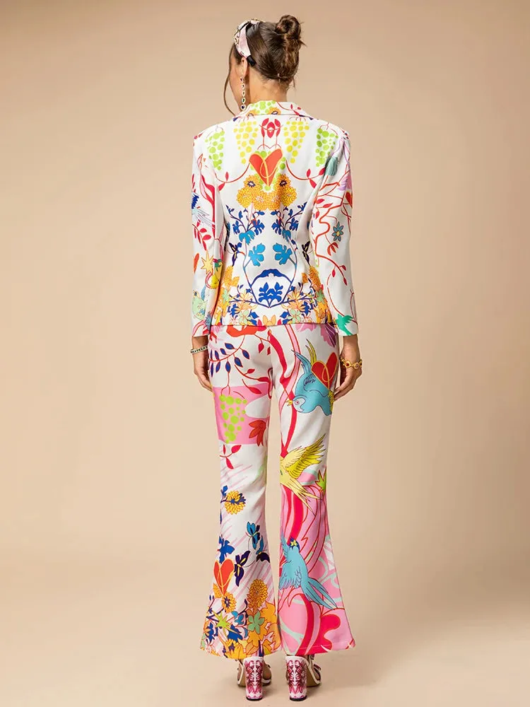 Laura Lapel Print Pockets Top Button Straight Trouser 2 Pieces Set