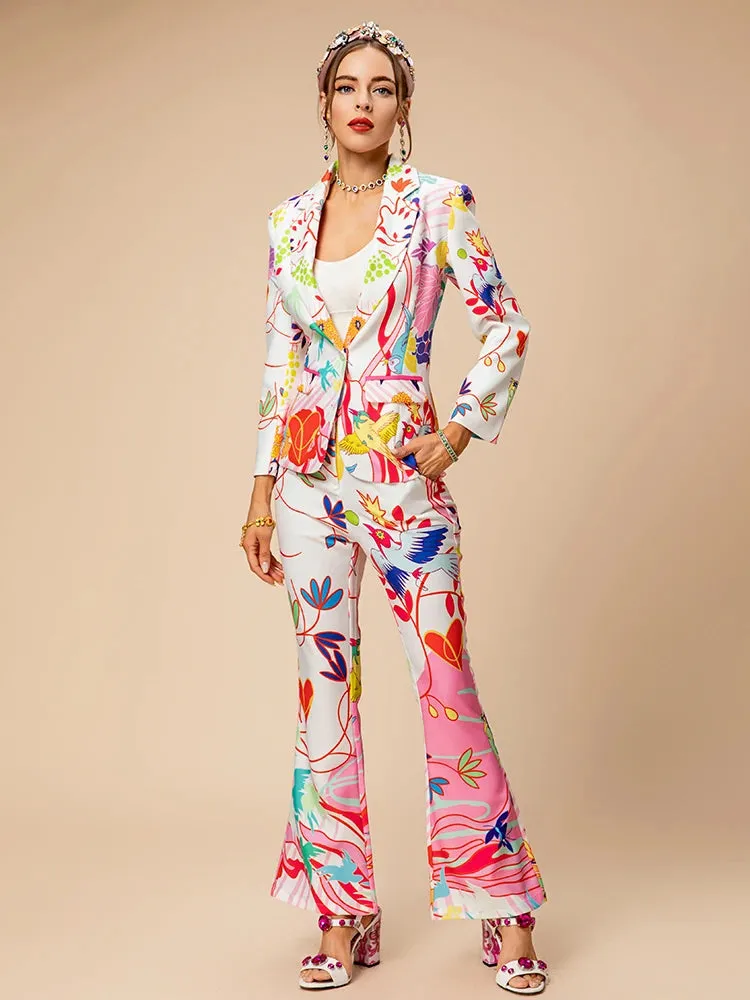 Laura Lapel Print Pockets Top Button Straight Trouser 2 Pieces Set