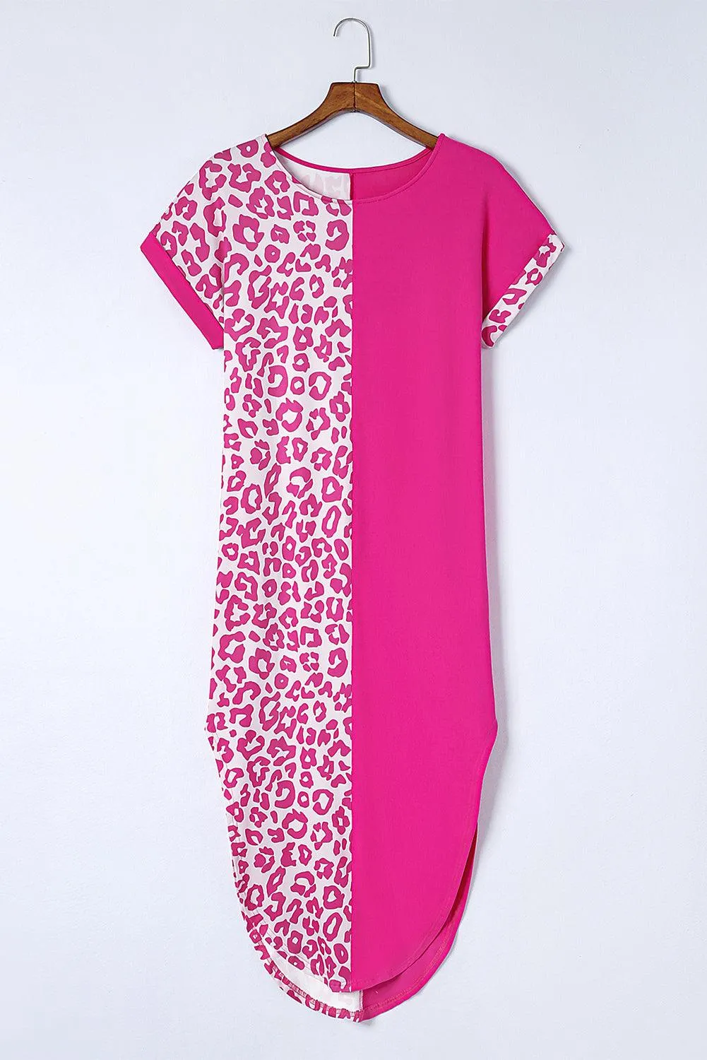 Leopard Print T-shirt Dress with Short Sleeves and Slits
