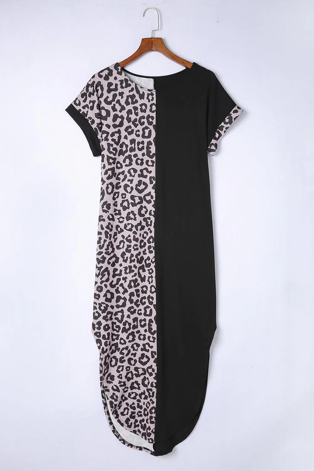 Leopard Print T-shirt Dress with Short Sleeves and Slits