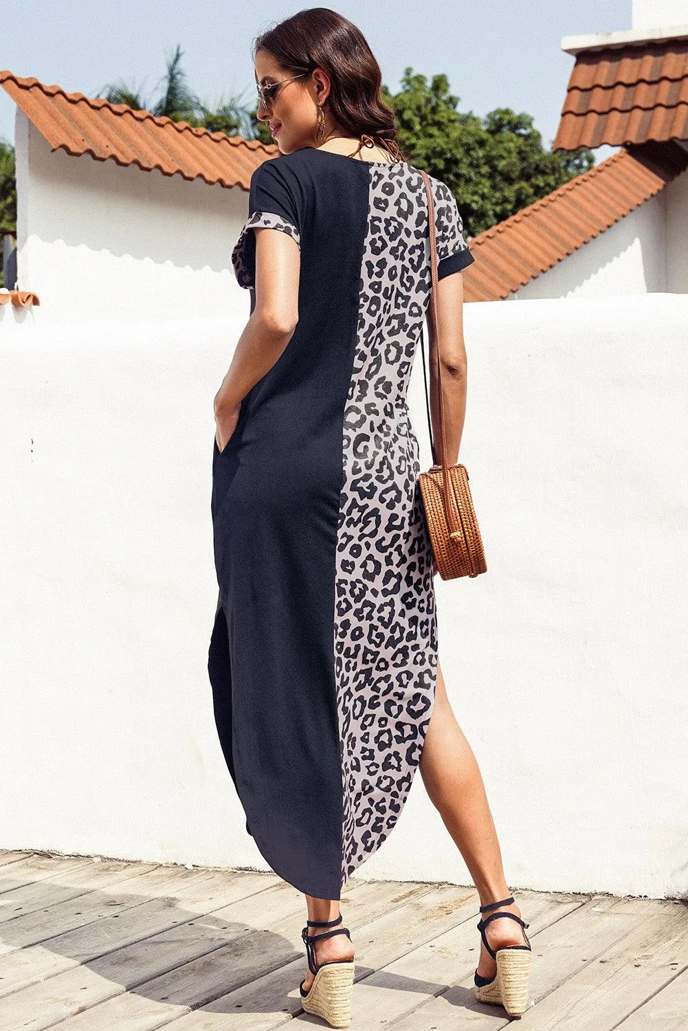 Leopard Print T-shirt Dress with Short Sleeves and Slits