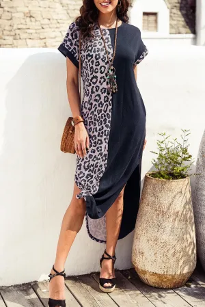 Leopard Print T-shirt Dress with Short Sleeves and Slits