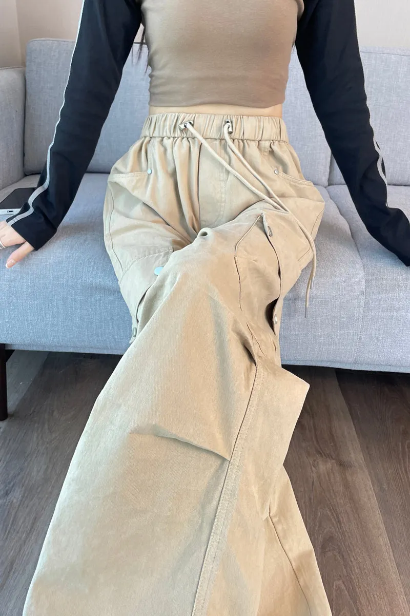 Lightweight Wide Leg Cargo Pant for Women with Drawstring Cuffs