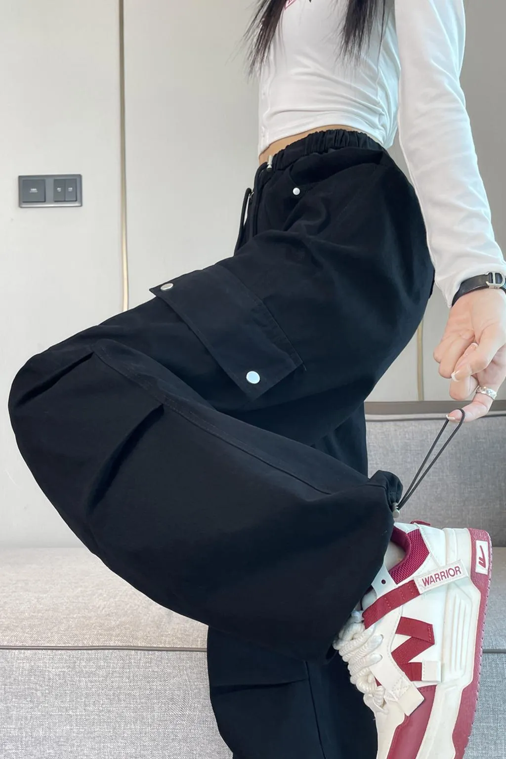 Lightweight Wide Leg Cargo Pant for Women with Drawstring Cuffs